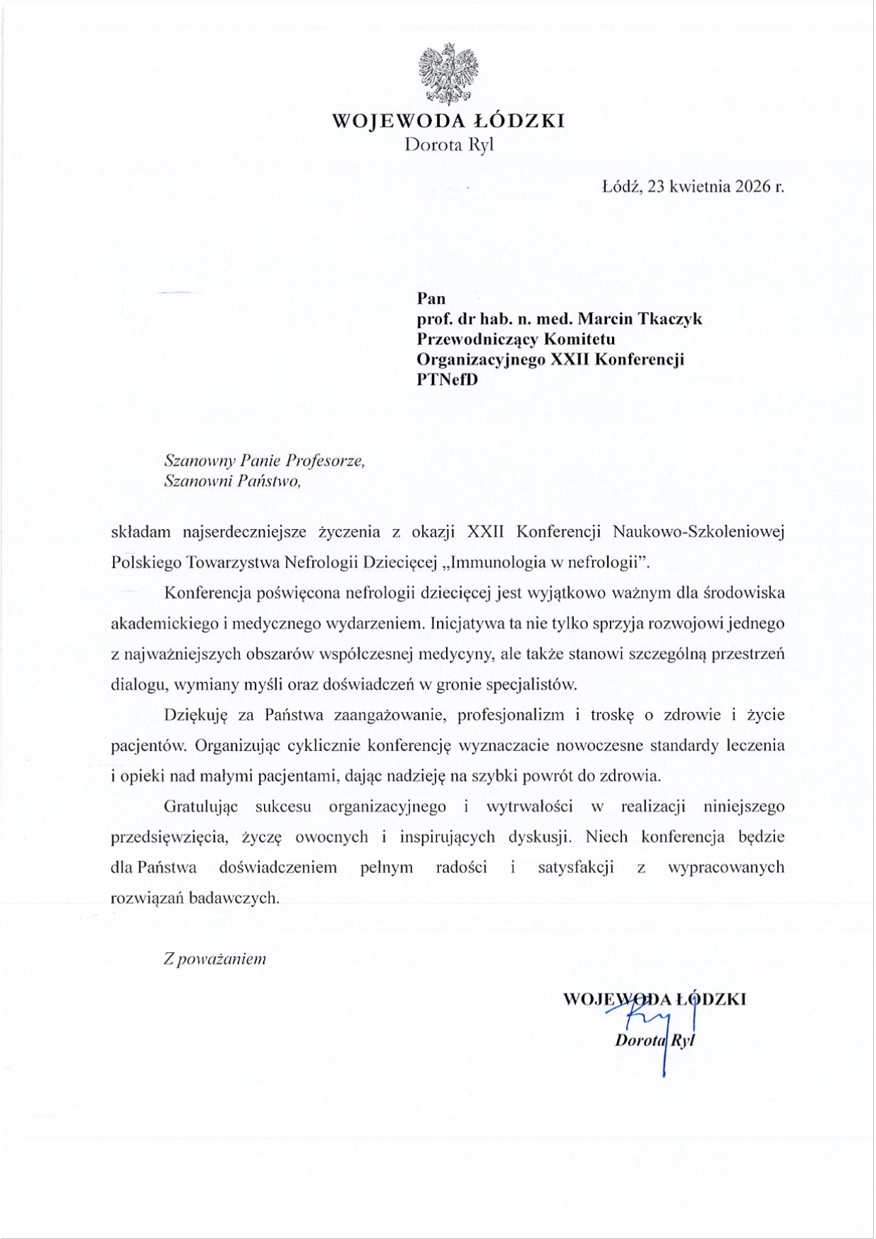 List patronatu Wojewody Łódzkiego